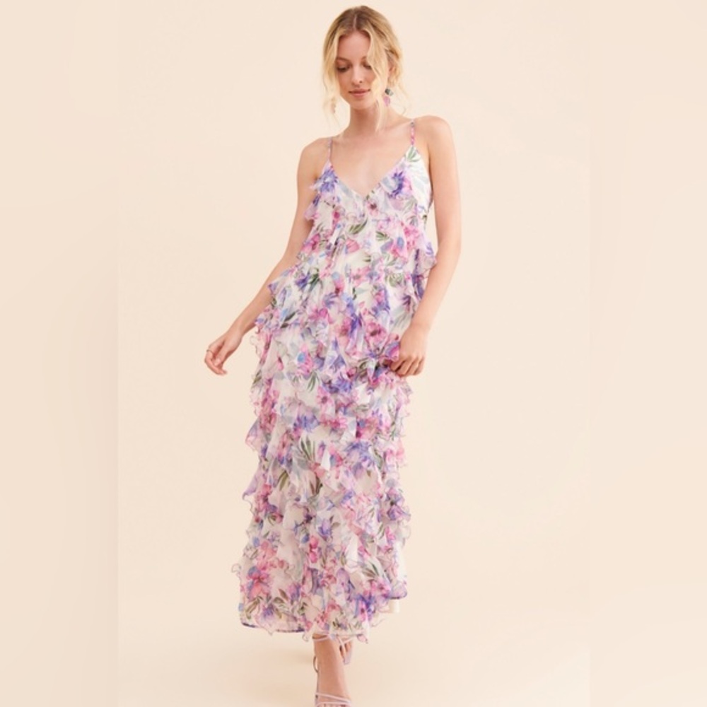 Let Me Be Anthropologie Jia Floral Ruffle Maxi Dress Size 4